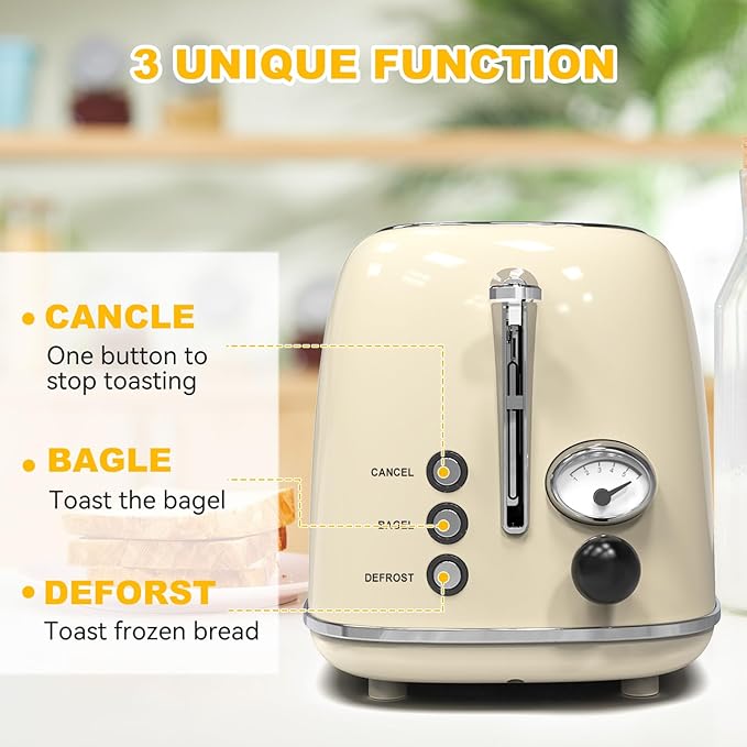Toaster 2 slice KitchMix Retro Stainless Steel Toaster with 6 Settings 1.5 In Extra Wide Slots Bagel/Defrost/Cancel Function Removable Crumb Tray (Cream)