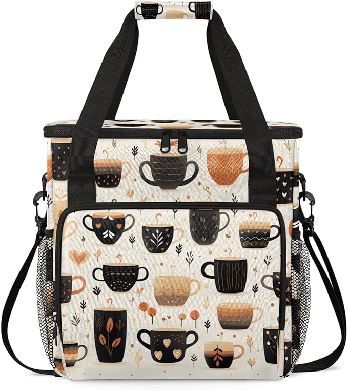 Coffee Cup Print Coffee Maker Travel Bag for Keurig K-Mini/K-Mini Plus Insulated Waterproof Tote with Pockets Portable Single-Serve Brewer Case