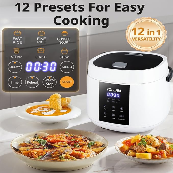 3L Rice Cooker 12 cups (Cooked) Mini Digital Rice Cooker6 in 1 Multicooker for Grain Preset and Reheat Options 12-Hr Delay Timer Auto Keep Warm Non-Stick Inner Pot with Steaming Basket