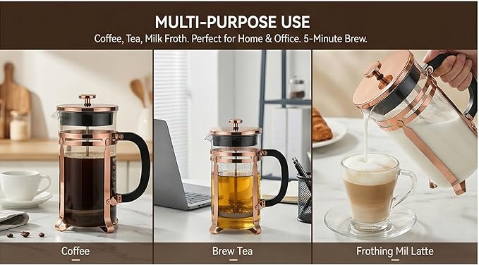 French Press Coffee Maker 21Oz Coffee Press with 304 Stainless Steel 4 Filters Borosilicate Glass Heat Resistant Carafe 100% BPA-Free Teapot &amp Coffee Press Copper Finish