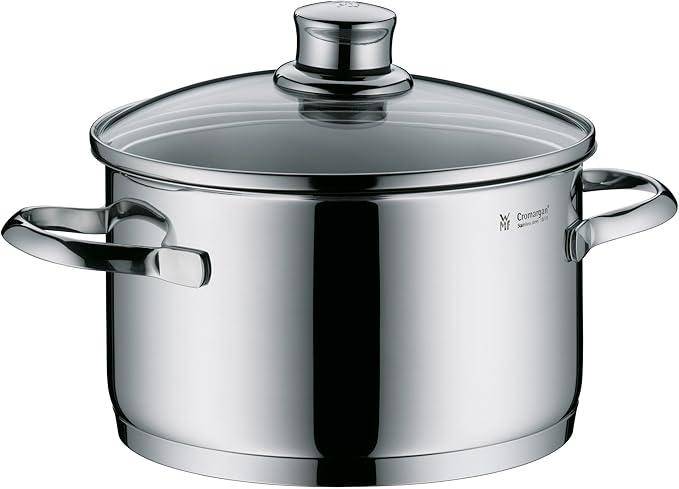 WMF Cooking Pot Set 4 Pieces Polished Frying Pan Casserole Pot Sapphire Rim Glass Saucepan Lid Cromargan Stainless Steel Suitable for Induction Cookers Dishwasher Safe