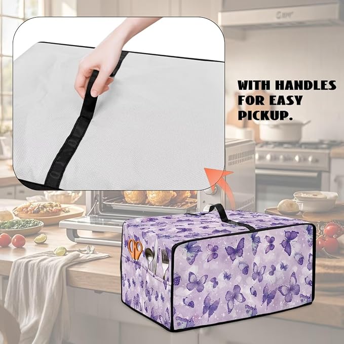 Butterfly Print Toaster Oven Cover Wide Slot Stain Resistant Bread Machine Cover with Side Pockets for Kitchen Counter Decorative 20.5 x 16.5 x 10 Purple
