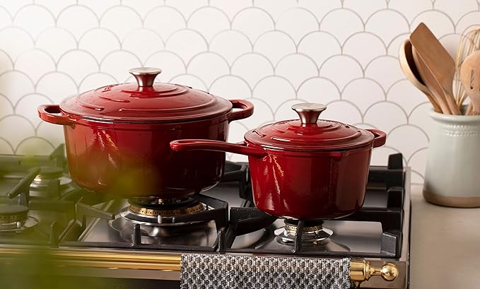Larder &amp Vine 5-Piece Enameled Cast Iron Cookware Set - Includes 5.7 Quart Dutch Oven with Lid 10.25 Inch Skillet 2.2 Quart Saucepan with Lid (Cabernet)