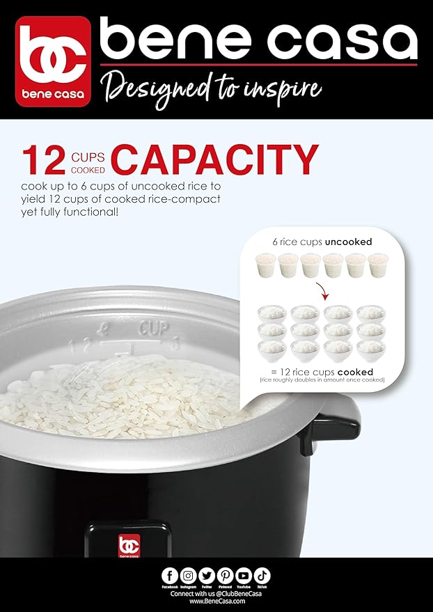 Bene Casa Rice Cooker Black Cook 2-12 Cups of Cooked Rice And Food Steamer