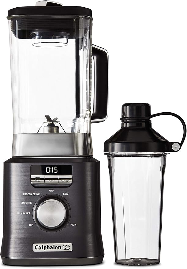 Calphalon Auto-Speed 68 Oz Blender with Blend-N-Go Smoothie Cup and BPA-free Tritan Jar | 1100-Watt Base Dark Stainless Steel