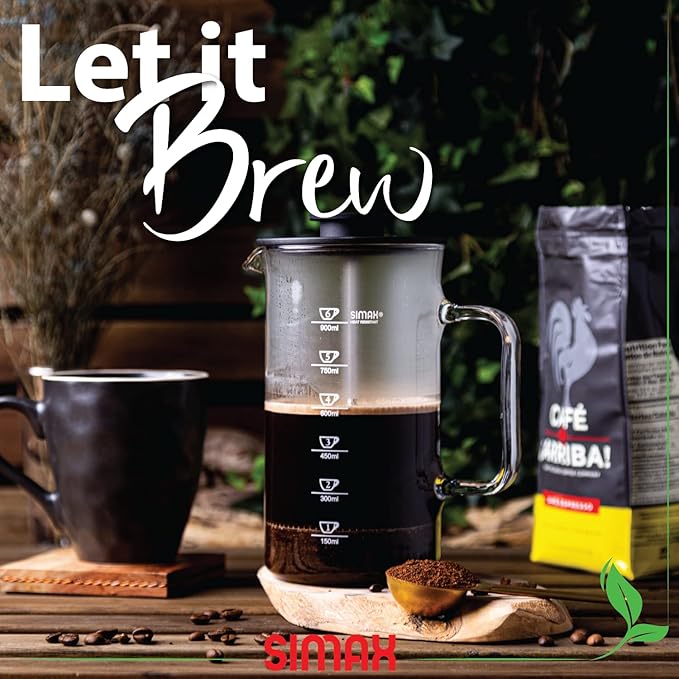 SIMAX French Press Coffee Maker 1 Liter Coffee Press Dishwasher Safe Glass Coffee Maker with Filter Hot and Cold Safe Borosilicate Glass Easy To Clean