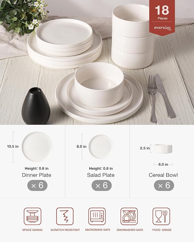 Famiware Porcelain Dinnerware Set 18-Piece Modern Plate and Bowl Set dish set for 6 Microwave and Dishwasher Safe Tableware White
