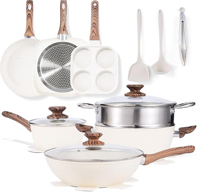 17 Pcs Nonstick Pots &amp Pans Non-toxic Kitchen Cooking Set with Stay-Cool Handles (Beige)