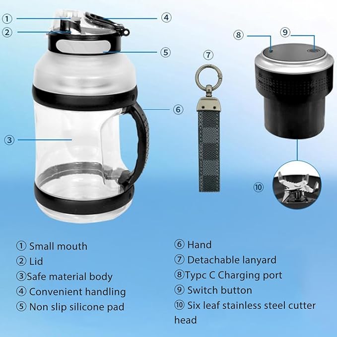 2L Portable Blender 18000rpm Shakes Blender Double Cap Design USB Travel Juice Cup Mini Fruit Mixer with 6 Blades for Shakes and Smoothies (Black)