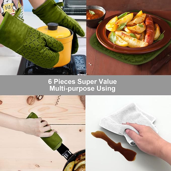 KEGOUU Oven Mitts and Pot Holders 6pcs Set Kitchen Oven Glove High Heat Resistant 500 Degree Extra Long Oven Mitts and Potholder with Non-Slip Silicone Surface for Cooking (Olive Drab)