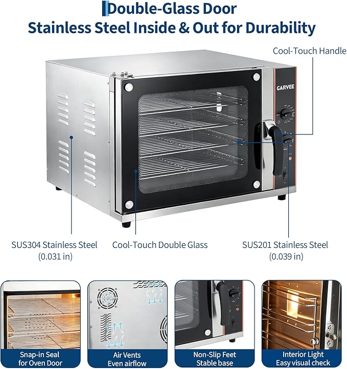 Garvee Commercial Convection Oven Countertop 68L/60Qt 1750W Toaster 4-Tier Electric Oven w/Front Glass Door Trays Wire Racks Clip Gloves 120V