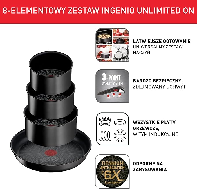 Tefal Ingenio Unlimited ON Pots &amp Pans Set 8 Pieces Stackable Removable Handle Space Saving Non-Stick Induction Black L3959053