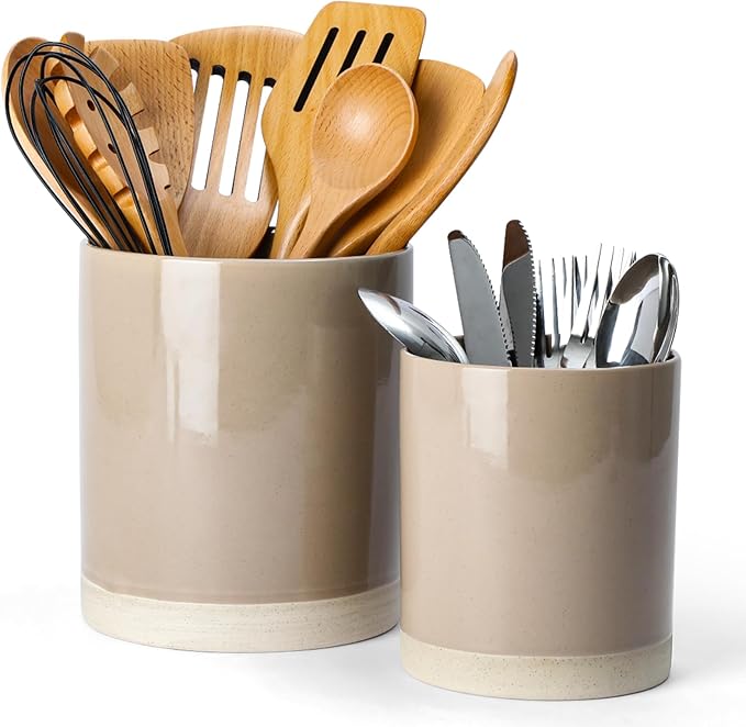 Famiware Mars Plates and Bowls Set of 12 and Milkyway Kitchen Utensil Holder for Countertop Set of 2 14 Pieces Dinnerware Sets Cinnamon Brown