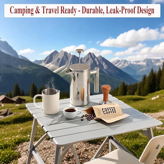 Stainless Steel French Press Coffee Maker - Portable Cafetiere 3 Cup Espresso Coffee Press - Double Wall Insulated Triple Mesh Filter - Perfect for Home Office Camping &amp Travel (20 Oz)