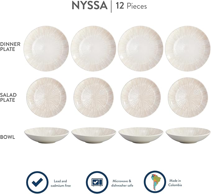 Corona 12-Piece Light Sandy Beige Ceramic Dinnerware Sets Plates and Bowls Service For 4 Nyssa