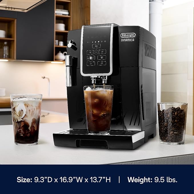 De'Longhi Dinamica Espresso Machine Black - Automatic Bean-to-Cup Brewing Built-In Steel Burr Grinder &amp Manual Frother - One-Touch Hot &amp Iced Coffee - Easy Cleanup