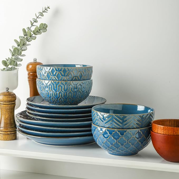 Sureasy 12-Piece Ceramic Dinnerware Set for 4 - Embossed Plates and Bowls Sets Scratch Resistant Dish Set Microwave Oven &amp Dishwasher Safe Blue