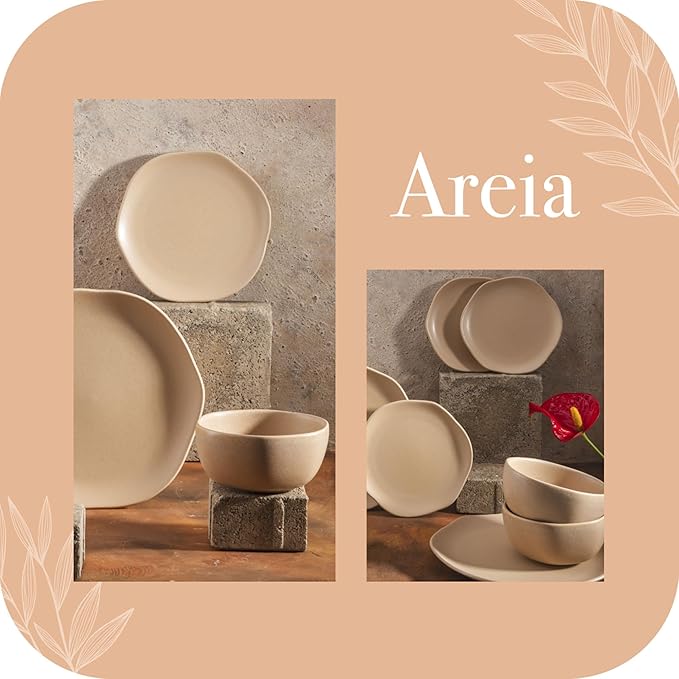 Corona Dinnerware Set 12–piece Plates and Bowls Set Ceramic Sets for 4 Microwave and Dishwasher Safe Areia Modern Organic Shape.