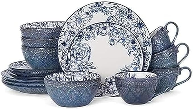 Pfaltzgraff Gabriela Blue 16-Piece Dinnerware Set Service for 4 Durable Stoneware Plates Bowls and Mugs with Elegant Blue Pattern Dishwasher Safe