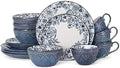 Pfaltzgraff Gabriela Blue 16-Piece Dinnerware Set Service for 4 Durable Stoneware Plates Bowls and Mugs with Elegant Blue Pattern Dishwasher Safe