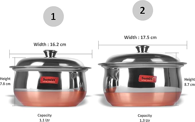 Sumeet Stainless Steel 2 Pieces Handi Pot Set 1.1 L 1.3 L 2 Piece (Steel) Mirror 1.1 liter