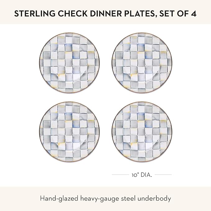 MACKENZIE-CHILDS Enamel Dinner Plate Decorative Dinnerware Plate 10 Inches Set of 4 Gray-and-White Sterling Check