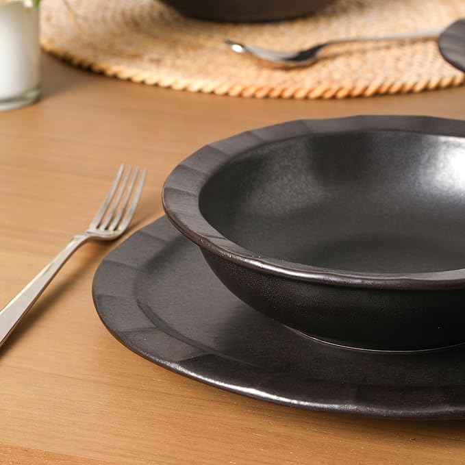 Stone Lain Oasis Stoneware 24 Piece Dinnerware Set Home Kitchen Dish Set with Dinner Plates Salad Plates &amp Bowls - Service for 8 Black