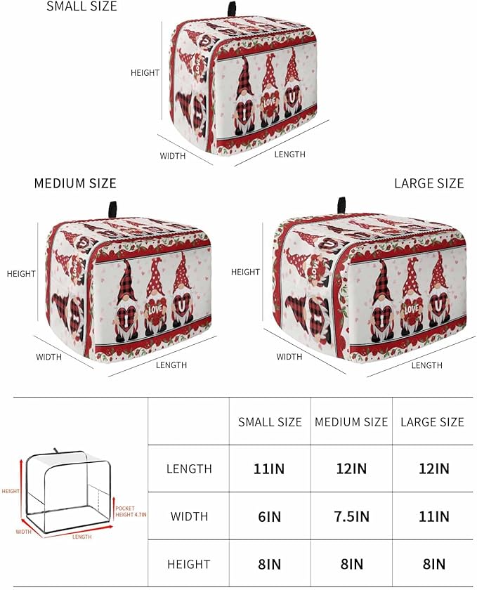 Toaster Dust Cover for Kitchen 4 Slice Happy Valentine's Day Gnomes with Love Heart Bread Maker Covers Toasters for Fingerprint Protector Washable Small Appliance Covers Accessories (12x11x8in)