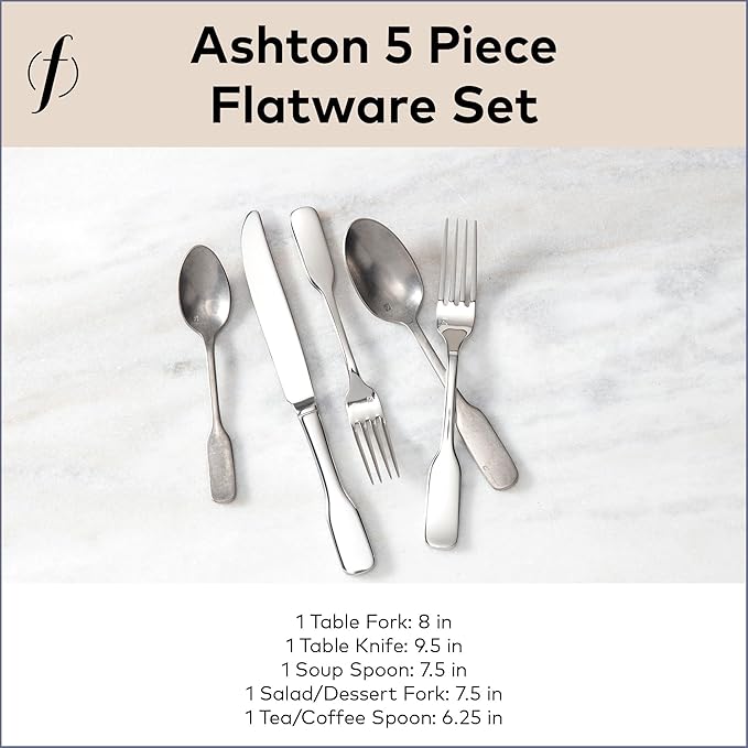 FORTESSA Ashton 18/10 Stainless Steel Flatware 5 Piece Place Setting With Knife Forks and Spoons (Service For 1) Dishwasher Safe Antiqued