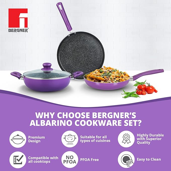 Bergner Albarino Non-Stick 4 Pcs Cookware Set - 24cm (2.5 L) Kadai with Glass Lid 24cm Frypan and 28cm Tawa Bakelite Handle Minimal Oil Use - Induction Bottom Diwali/Anniversary Gifting (Purple)