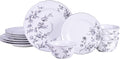 222 Fifth 12-Piece Porcelain Dinnerware Set for 4 White &amp Black Plates and Bowls Set Glossy Ceramic Dish Set with Delicate Floral Design Elegant Kitchen Dishes Microwave &amp Dishwasher Safe
