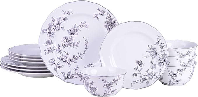 222 Fifth 12-Piece Porcelain Dinnerware Set for 4 White &amp Black Plates and Bowls Set Glossy Ceramic Dish Set with Delicate Floral Design Elegant Kitchen Dishes Microwave &amp Dishwasher Safe