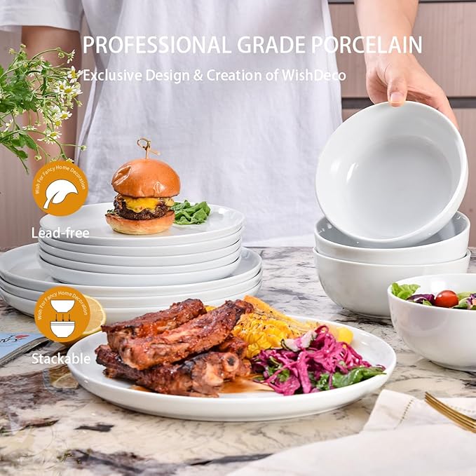 Plates and Bowls Sets 12 Pieces Dinnerware Sets Ceramic Dishes Set for 4 White Kitchen Dishware Set Microwave and Dishwasher Safe