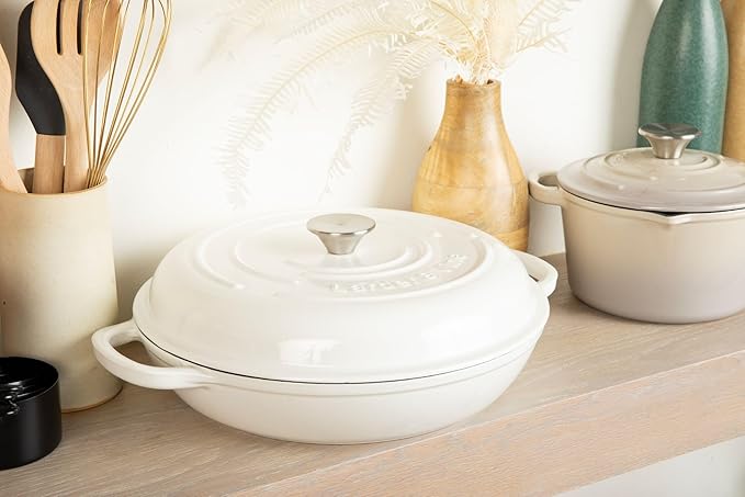 Larder &amp Vine 6-Piece Enameled Cast Iron Pan Cookware Sets Includes 8 Quart and 5.7 Quart Dutch Oven with Lids Braiser/Crock Pot with Lid (White)