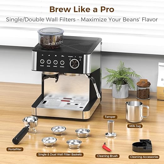 COWSAR (2025 New) Espresso Machines with Built-in Anti-Clog 20 Bar Expresso Coffee Machines with Milk Frother Steam Wand Commercial Espresso Machine with Grinder for Latte Cappuccino Americano