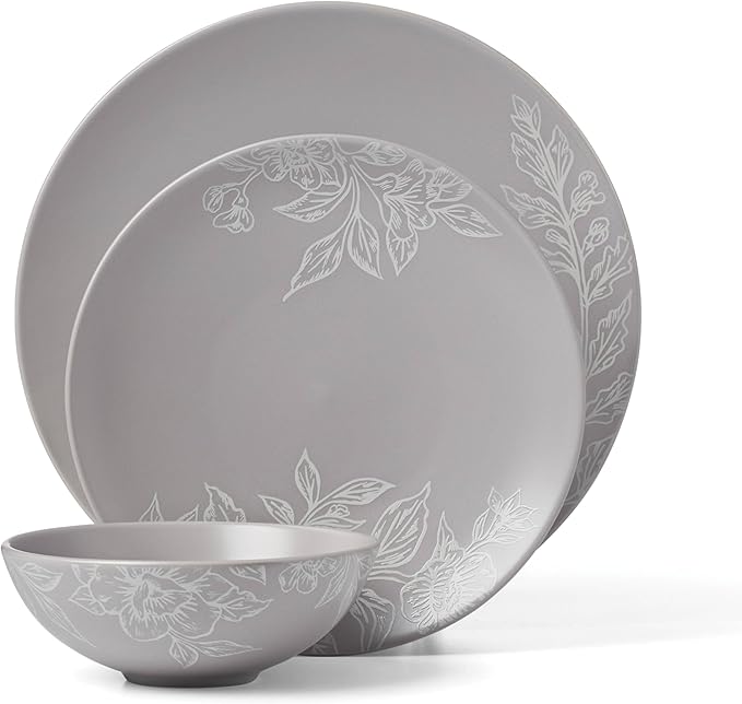 Oneida 897506 Roseto 12-Piece Dinnerware Set Pumice Grey