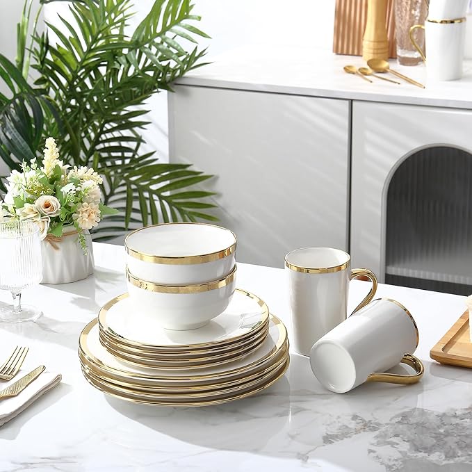 Modern Poreclain 16 Piece Dinnerware Set Plates and Bowls Set Dish set for 4 White And Golden RimDinnerware Sets With Gold Trim