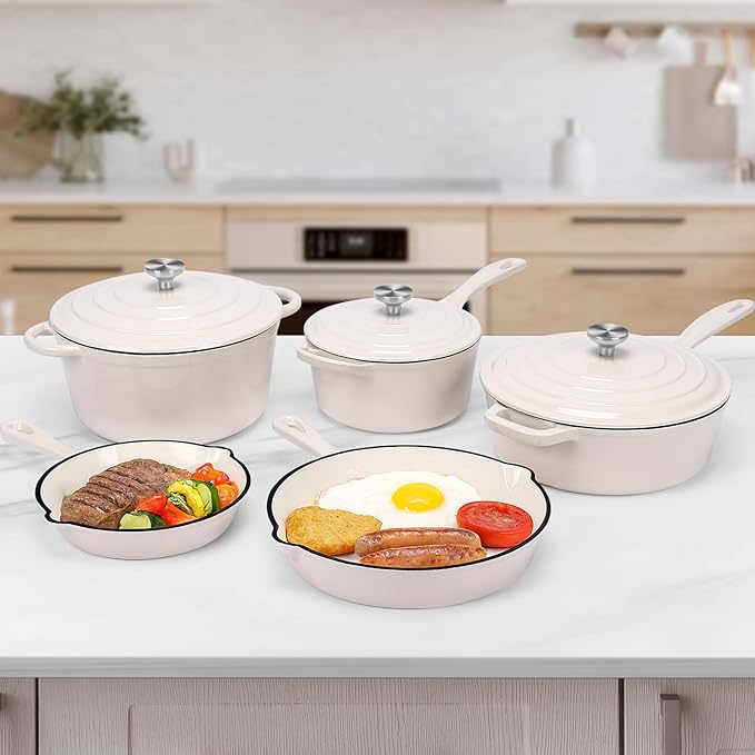 QuliMetal Nonstick Enameled Cast Iron Cookware Set 5 Pcs Pots and Pans with Lid Skillet Frying Pan Saucepan &amp Dutch Oven for All Stovetops PFA Free - Ideal for Sourdough Bread Baking