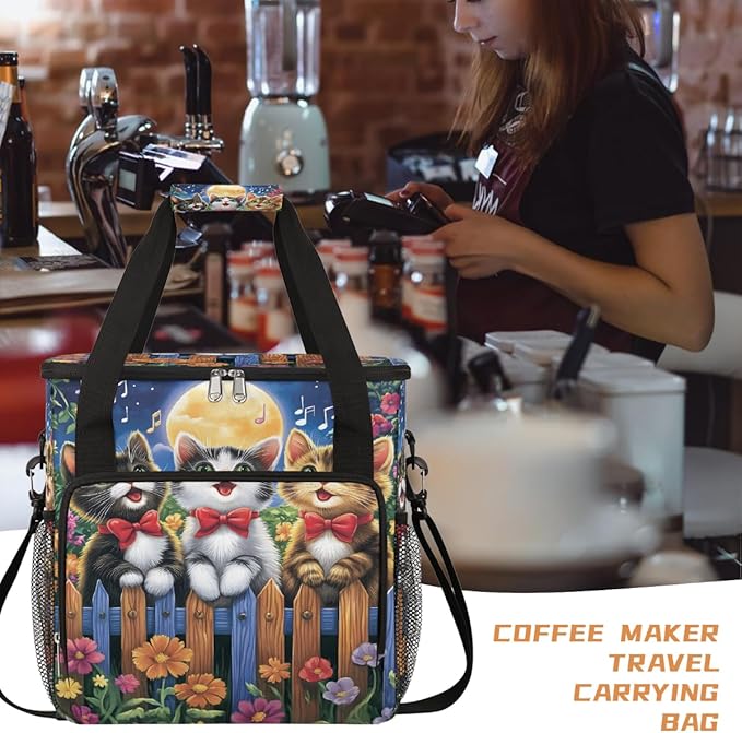 Cartoon Cat Singing On Flowery Fence Coffee Maker Carring Bag Travel Carrying Storage Tote Bag Compatible with Keurig K-Mini or K-Mini Plus Portable Single Serve Coffee Brewer Case with Pockets