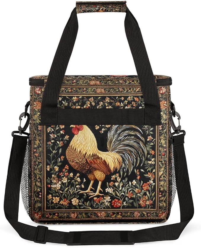 Rooster Embroidery Flowers Coffee Maker Carring Bag Travel Carrying Storage Tote Bag Compatible with Keurig K-Mini or K-Mini Plus Portable Single Serve Coffee Brewer Case with Pockets for K-cup Pods