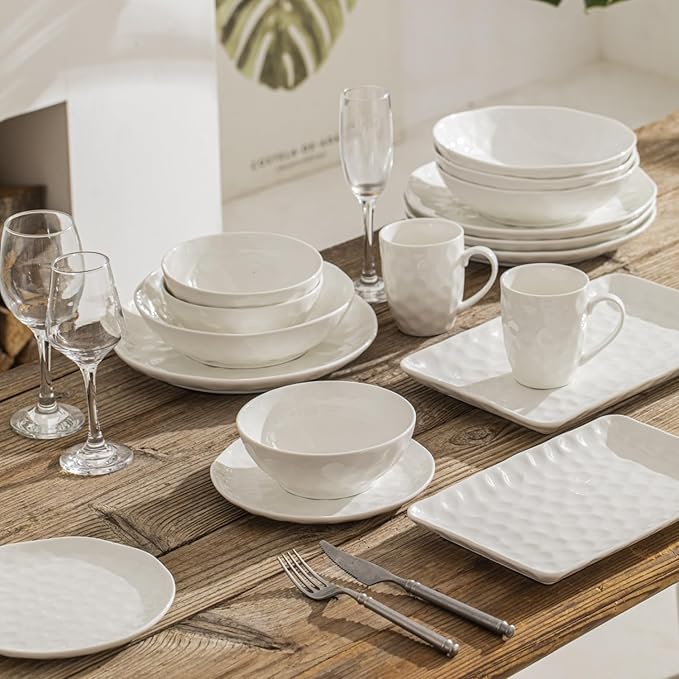 HOMBENE Large Dinnerware Set 16 Piece Service for 4 Bundle with 9.5 Inch Soup Bowls Set of 2