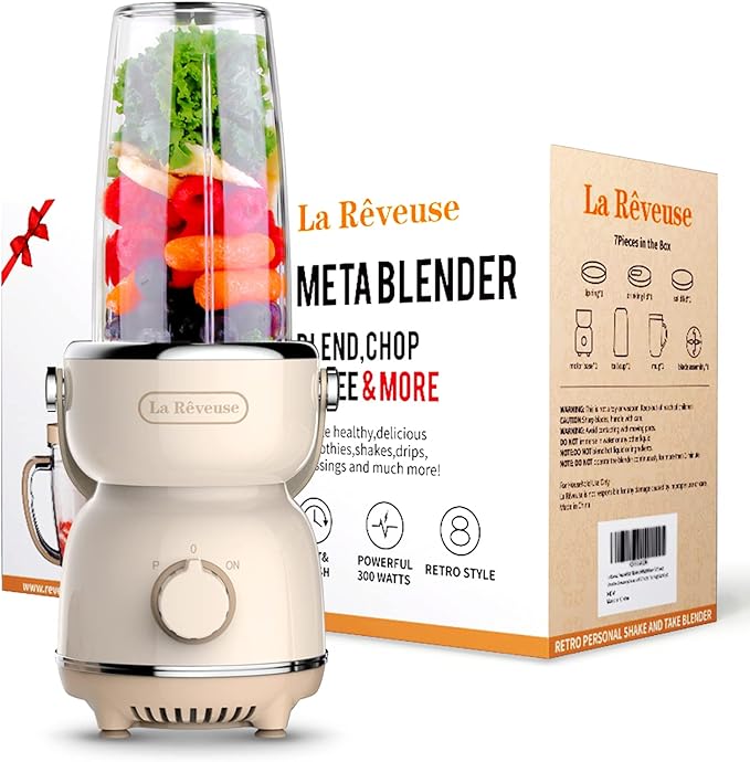 La Reveuse Personal Size Blender 300 Watts for Shakes Smoothies Seasonings Sauces with 17 oz Cup / 10 oz MugRetro Style