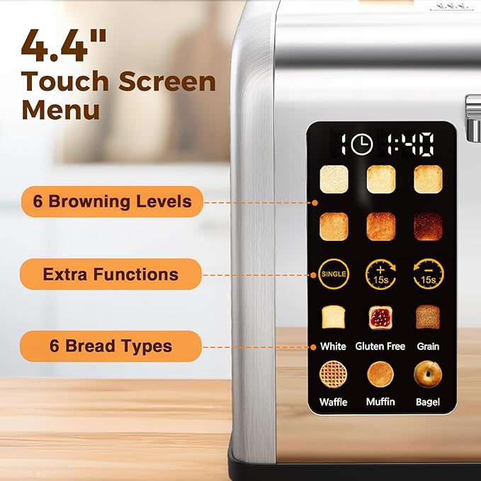 2 Slice Easy Touch Screen Toaster Stainless Steel Toaster with Wide Slots Even Toasting for Bagels &amp Bread Reheat &amp Defrost Removable Crumb Tray Silver
