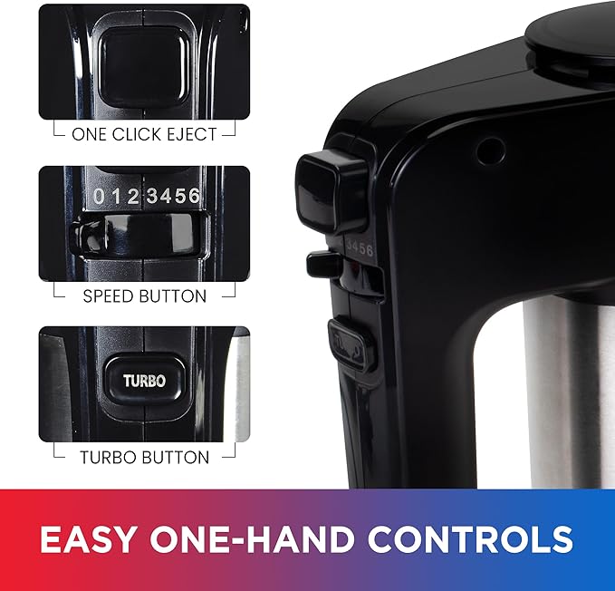 Total Chef Electric Hand Mixer – 6 Speed Handheld Blender Electric Egg Beater with Whisk Beater Dough Hooks Storage Case Turbo Boost for Cake Mix Batidora de Mano Eléctrica