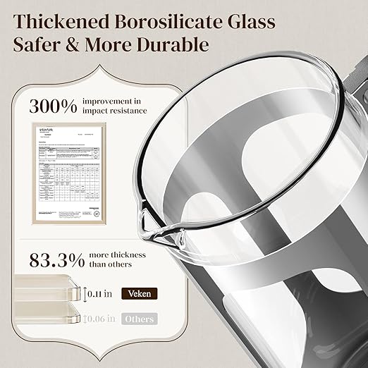 Veken French Press Coffee Maker 34oz 1 L No Plastic Touching Cafe Heat Resistant Thickened Borosilicate Glass Stainless Steel Brewer Cold Brew Cafetera Teapot for Kitchen Travel Camping Silver