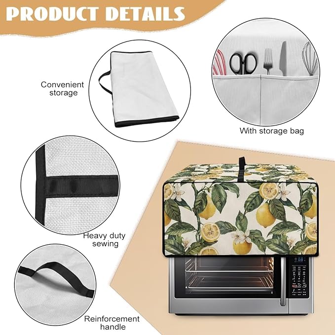 Convection Toaster Oven Cover with Storage Pockets Fits Machines Up to 18.5x14.5x9 Convection Toaster Oven Covers for Family Kitchen Essential Retro Lemon