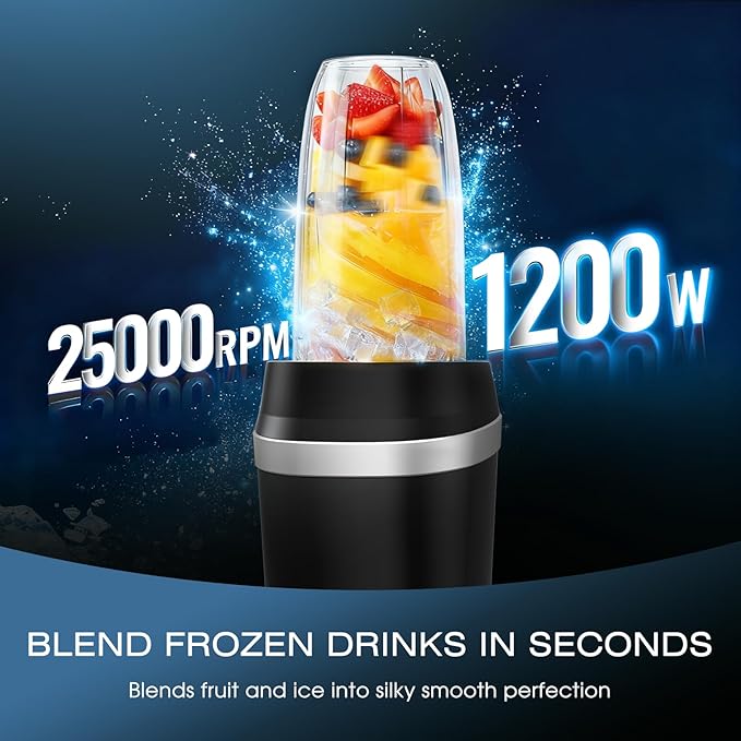 Nahida Blender for Smoothies 1200W Smoothie Blender for Ices Crushing Blenders with (2) 6-Fin Blades Personal Blenders for Kitchen with 23oz 32oz 37oz Easy Go Cups for Juices Black