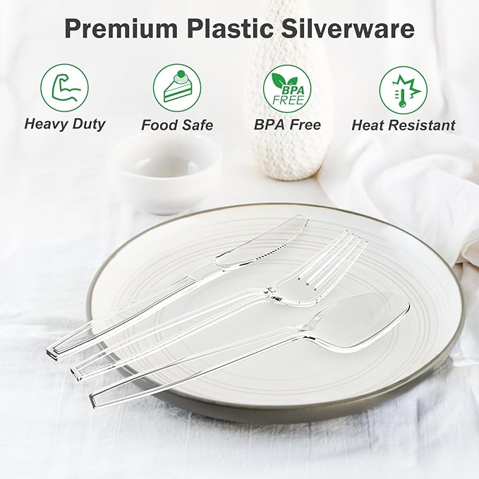 360 Count Extra Heavy Duty Clear Plastic Silverware 150 Forks 150 Spoons 60 Knives BPA-Free Heat Resistant Disposable Plastic Utensils Set Plastic Cutlery Set Plasticware Bulk