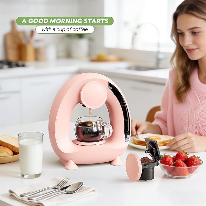 BENFUCHEN Pod and Grounds Single-Serve Coffee Maker 2 in 1 One Cup Coffee Machine Compatible with K-Cup Pod &amp Coffee Grounds/Tea Compact Design 4-8oz Pink