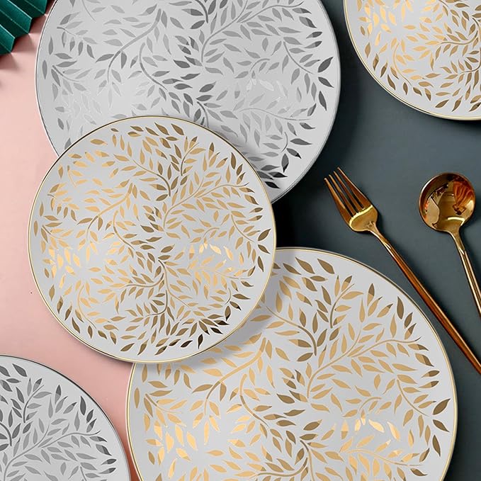 Bone china dinnerware set for 2 Plates set with dessert plates (6.5&amp8 inch) and dinner steak plate(10.5&amp12 inch) dishes set for home and kitchen Oval pattern series